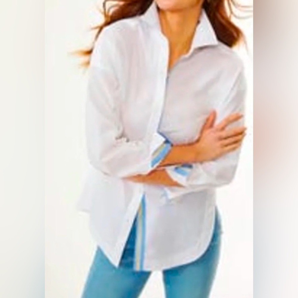 J.McLaughlin Ermine Cotton Stretch Contrast Poplin Button White Blouse S NWOT